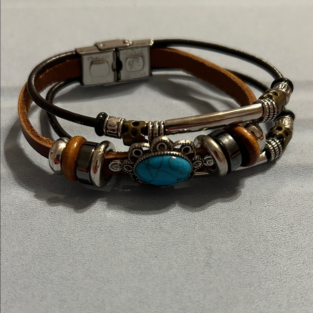 Turquoise and Brown Leather Bracelet